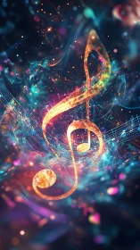Glowing musical note swirling through a dreamy cosmic sky.