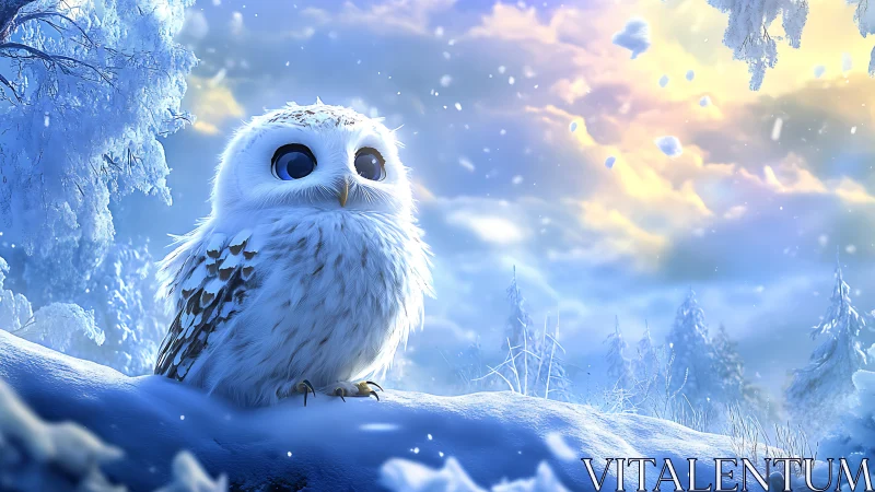 Cute snowy owl in enchanting winter forest, digital fantasy art.