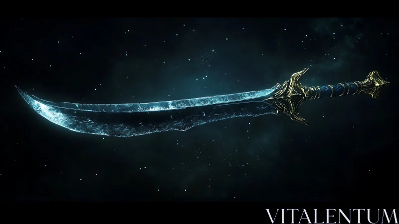Gleaming cosmic ice blade floats in a calm starry void