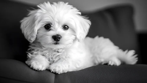 Monochrome portrait of fluffy white puppy on sofa edge