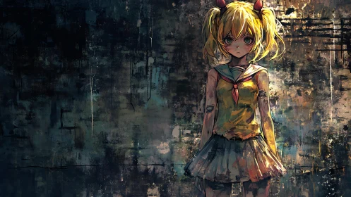 Haunted anime schoolgirl stands in grungy abstract alleyway.