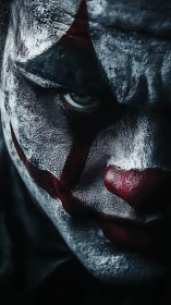Dark close-up portrait of a sinister clown face.