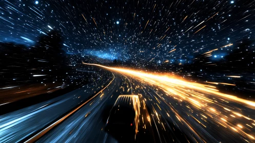 Star-slashed highway slings a lone car into cosmic speed