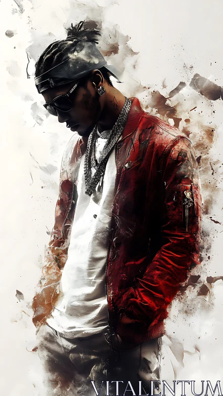 Digital portrait of man in red jacket with abstract smoke.