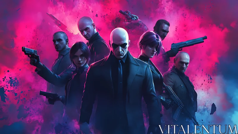 Elite contract assassins advance through neon smoke haze.