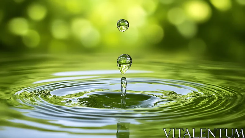 Macro water droplet impact with radial ripples in green field.