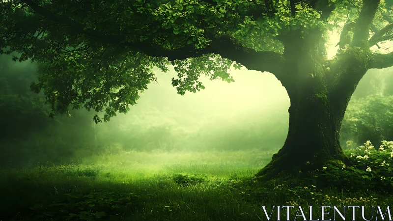 Majestic old tree in sunlit forest, enchanting nature landscape.