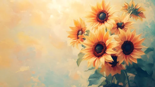 Sunflowers glow warmly against a dreamy pastel summer sky