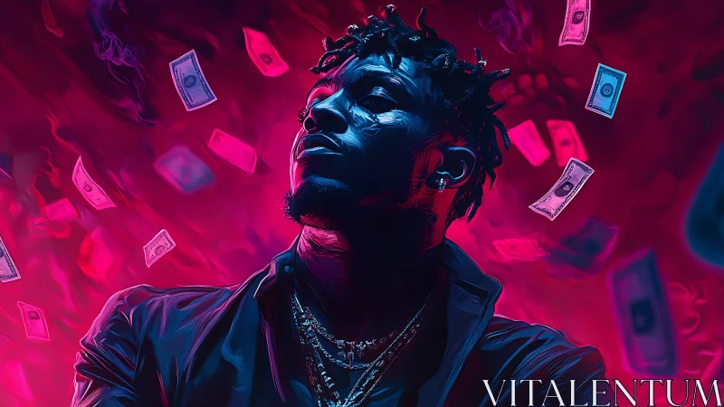 Moody neon portrait studies defiant figure under falling cash