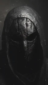 Hooded dark figure with obscured metallic mask in shadow.