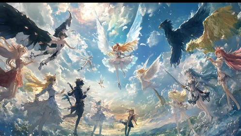 Winged anime guardians circling radiant sky portal.