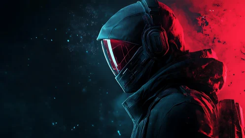 Hooded cybernetic operative emerges in neon red backlight