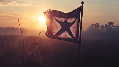 Weathered star flag backlit by low sunrise over misty field