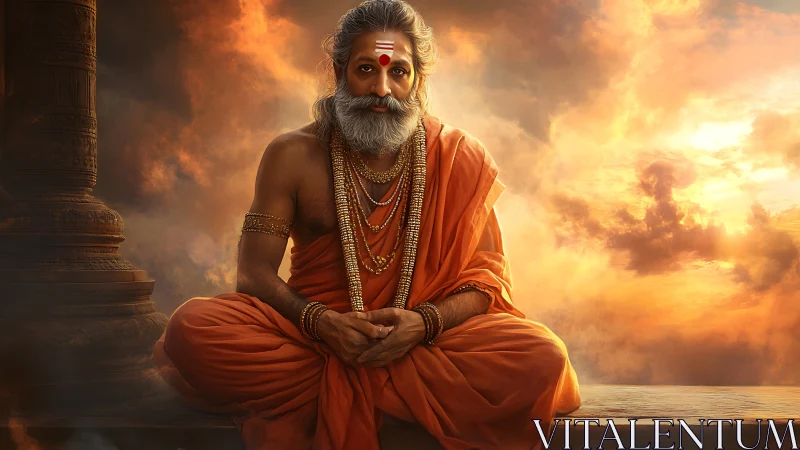 Serene Hindu sage in orange robes at glowing sunset sky.