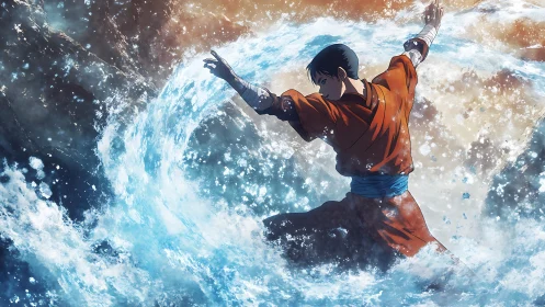 Figure controls arcing water stream in dynamic side stance