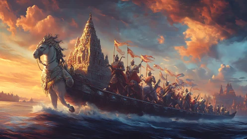 Warriors on ornate warship glide past temple at sunset.