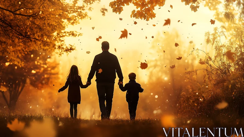 Golden autumn walk unites a parent and children in quiet joy