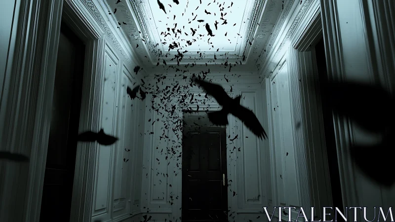 Dark corridor interior with dispersed flock of flying birds.