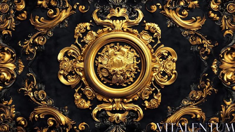 Ornate golden baroque medallion on deep black backdrop.