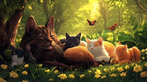 Golden Forest Sanctuary: Digital Felines in Nature's Glow.