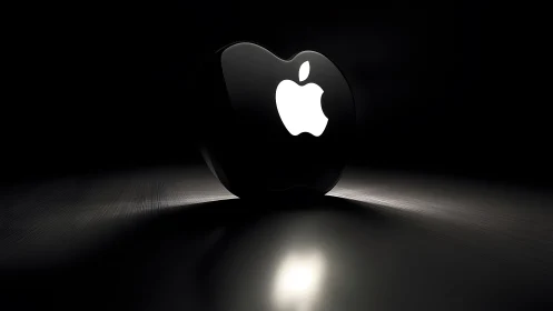 Glossy 3D Apple Logo in Dark Minimalist Setting.