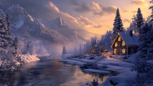 Snowy mountain cabin beside river at golden twilight.