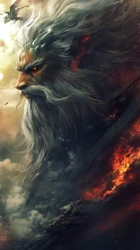 Storm god profile dominates burning volcanic horizon.