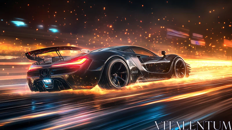 Midnight supercar racing through rivers of liquid light.