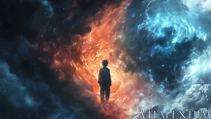 Silhouette between opposing fire and ice cosmic clouds.