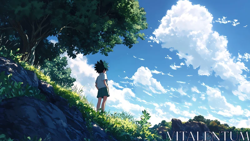 Boy beneath summer sky pauses on a sunlit hillside path.