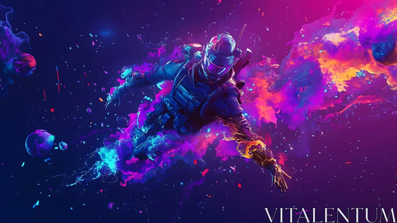 Cosmic explorer drifting through neon space clouds.