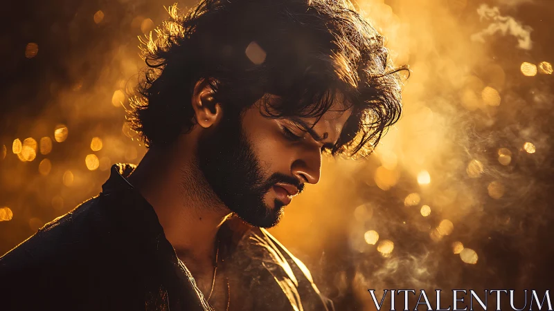 Pensive bearded man in warm golden cinematic light.