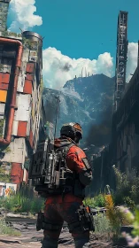 Lone wasteland explorer surveys neon-scarred ruin valley.