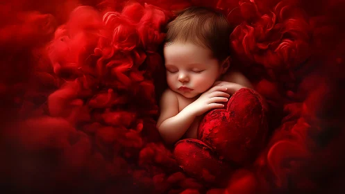 Sleeping Baby Nestled in Crimson Flowers and Velvet Hearts