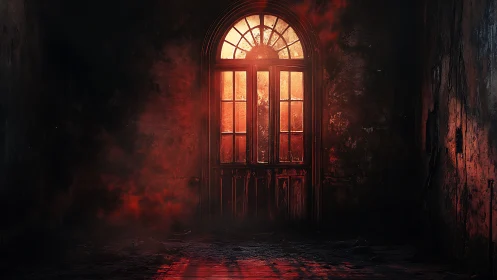 Blood-ember doorway brooding inside a forgotten corridor.