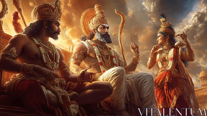 Golden trinity of mythic rulers beneath stormlit heavens.