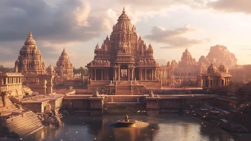 Digital painting of monumental riverside temple complex at dusk.