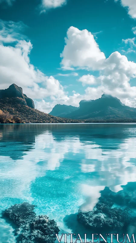 Turquoise lagoon and gentle mountains under soft clouds.