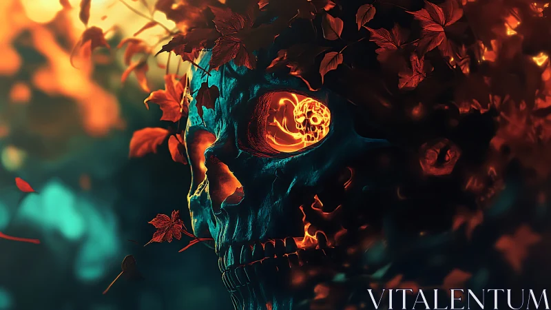 Burning skull blooms through autumn leaves and shadowed fire.