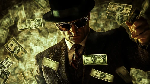 Shadowed money thrower in smoky noir storm of dollars.