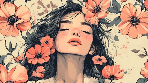 Floral portrait of serene woman in stylized pastel palette.