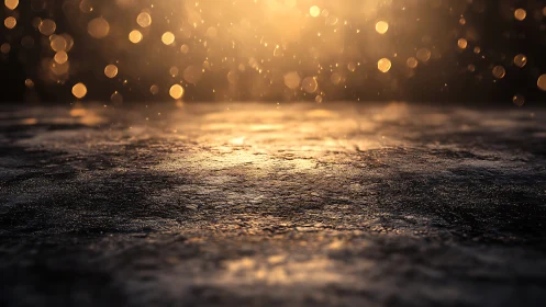 Wet textured ground under warm backlit droplets at dusk.