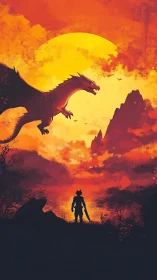 Silhouetted warrior confronts airborne dragon at incandescent sunset