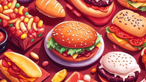 Colorful fast food spread showcases stylized burgers and buns