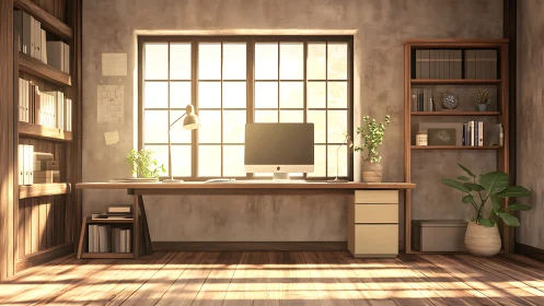 Sunlit minimalist home office with wooden shelving and plants