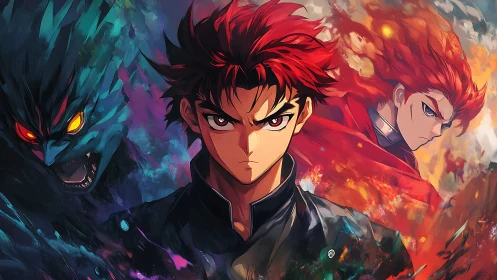 Red haired anime hero confronts inner demon and rival