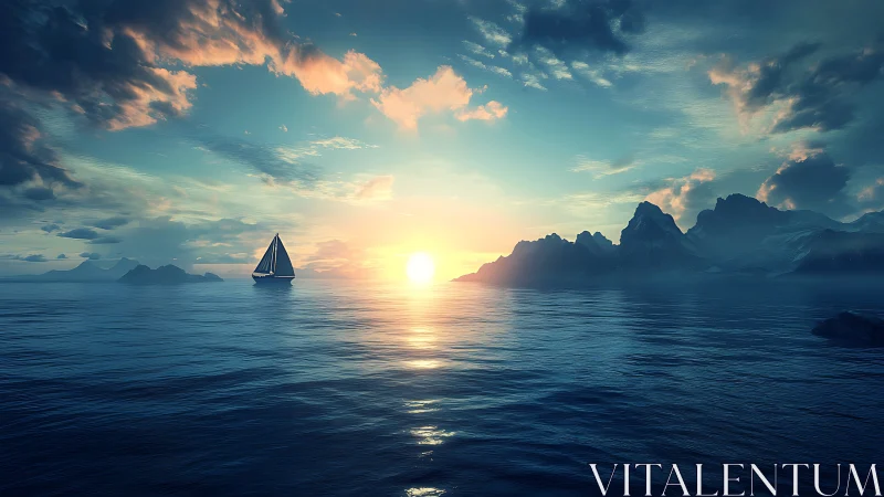 Sailboat crosses reflective ocean at low sun with volumetric clouds