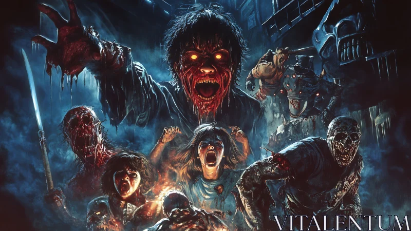 Digital painting horror tableau with lunging undead ensemble.