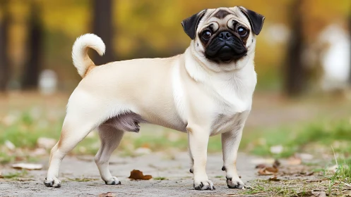Photorealistic pug portrait on autumn park pathway background.
