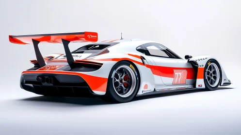 Endurance race car render with bold orange livery and wing.
